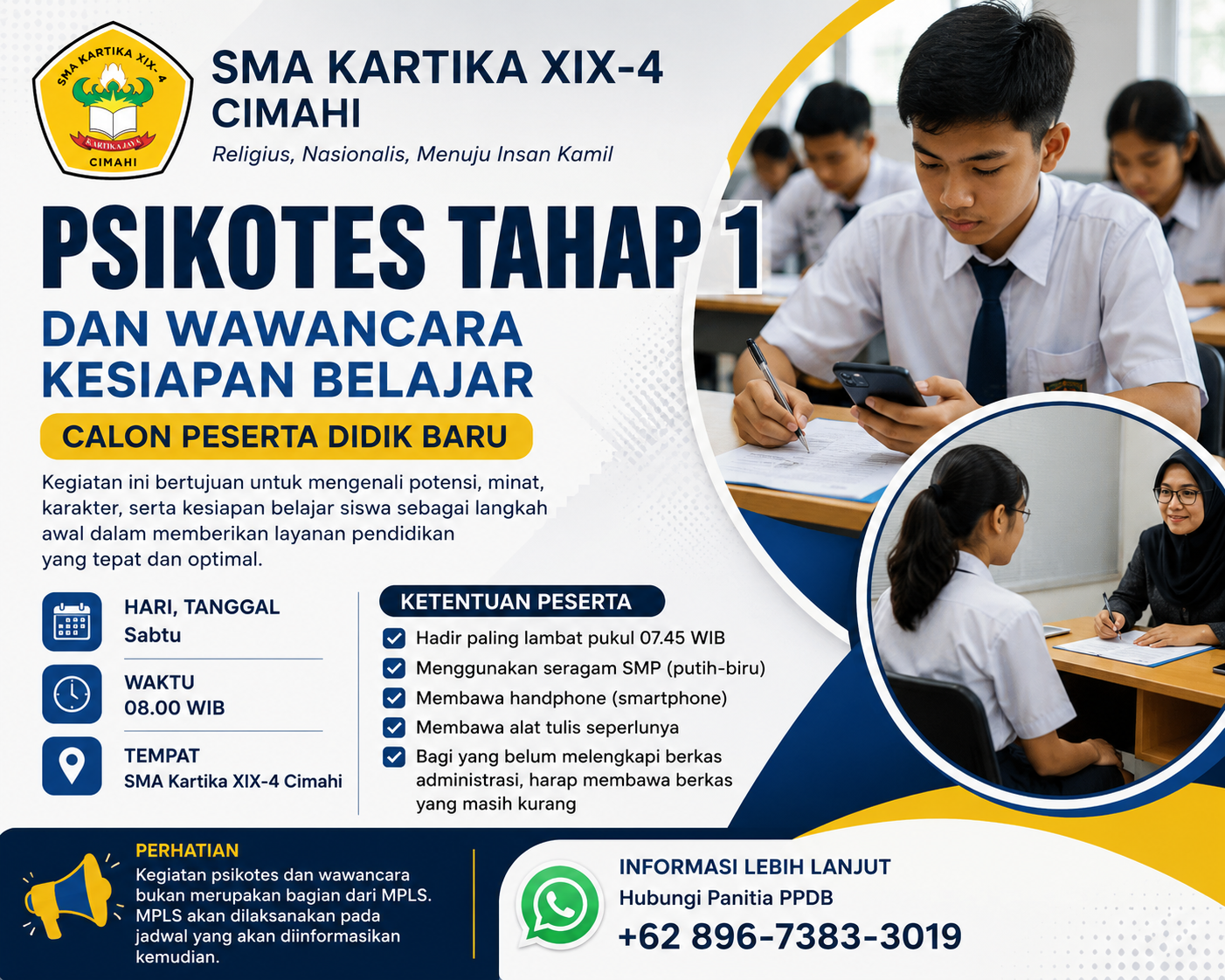 SMA Kartika XIX-4 Cimahi Laksanakan Psikotes Tahap 1 dan Wawancara Kesiapan Belajar Calon Peserta Didik Baru