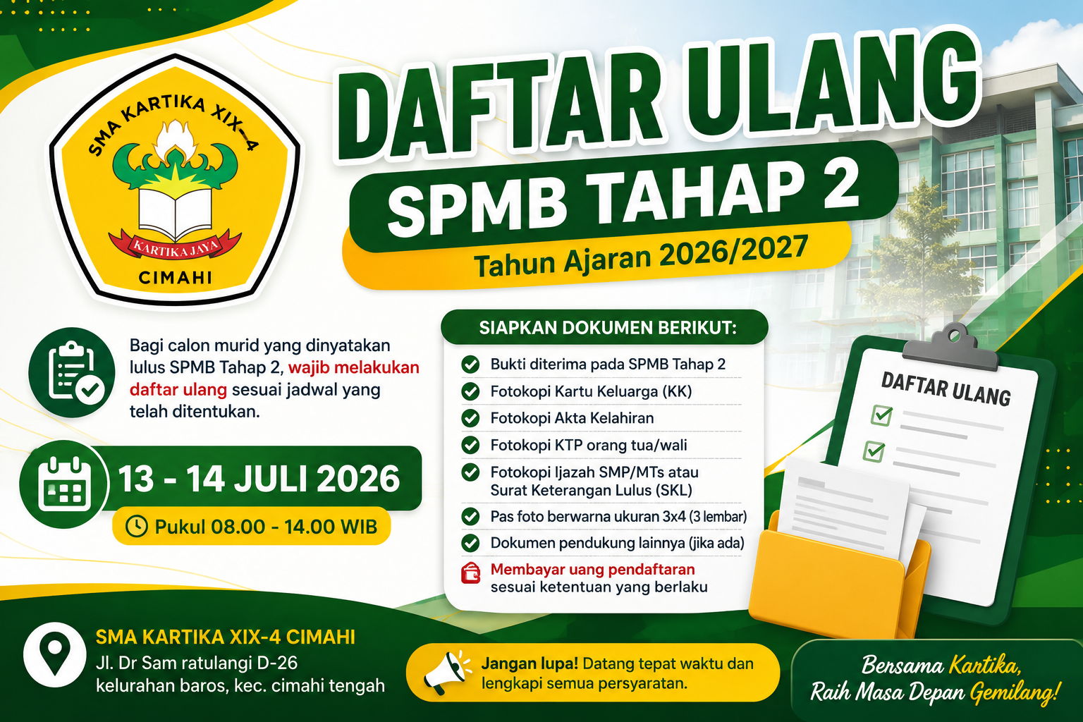 Daftar Ulang SPMB Tahap 2 SMA Kartika XIX-4 Cimahi Resmi Dibuka