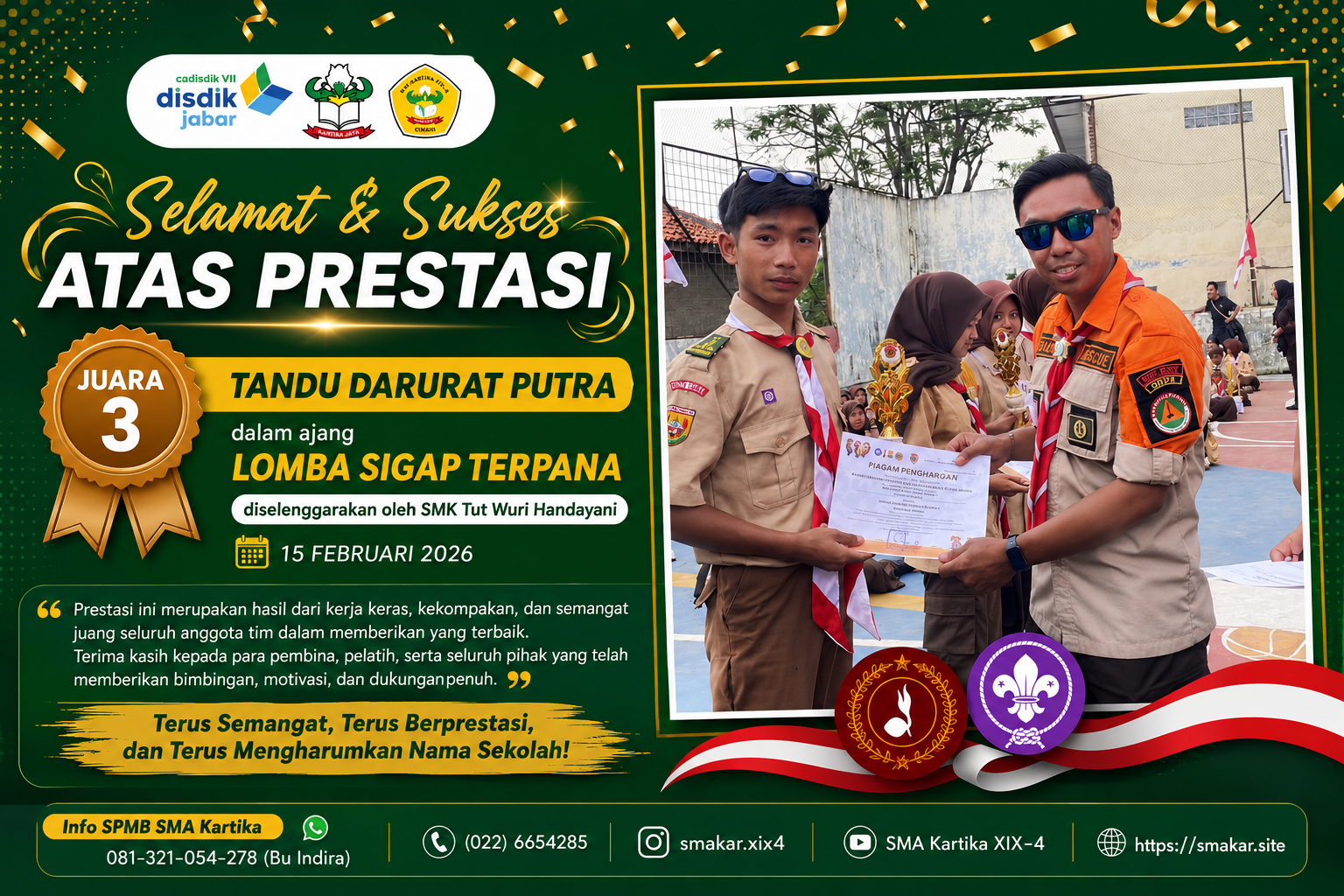Tim Pramuka SMA Kartika XIX-4 Cimahi Raih Juara 3 Kategori Tandu Darurat Putra pada Lomba Sigap Terpana 2026