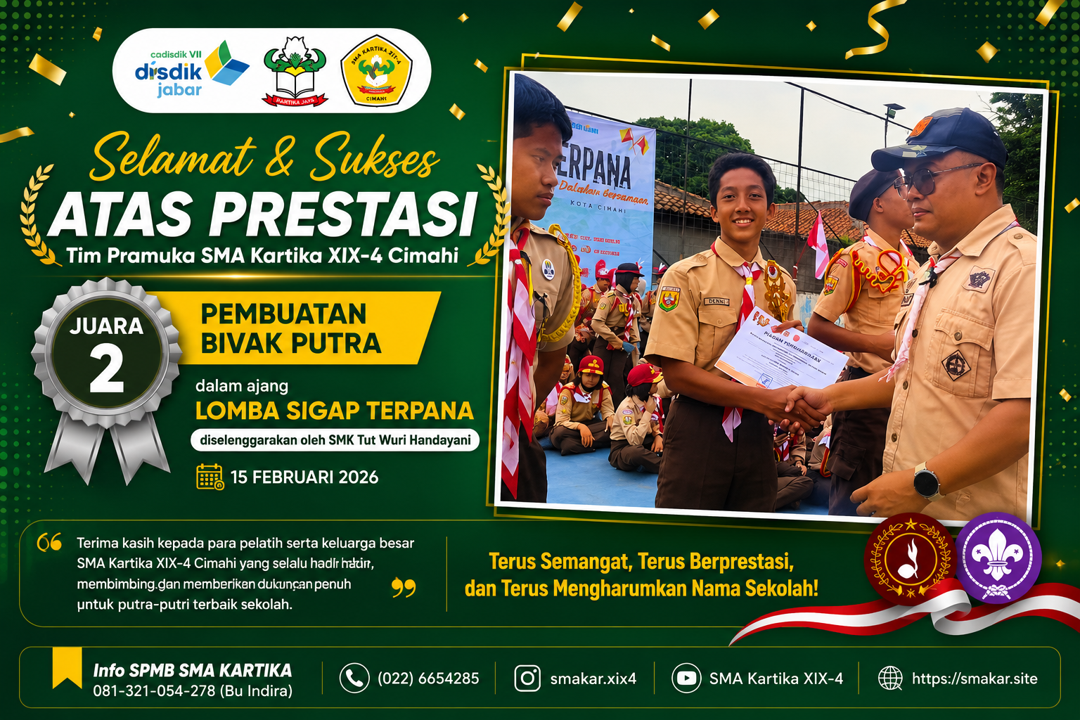 Tim Pramuka SMA Kartika XIX-4 Cimahi Raih Juara 2 Kategori Pembuatan Bivak Putra pada Lomba Sigap Terpana 2026