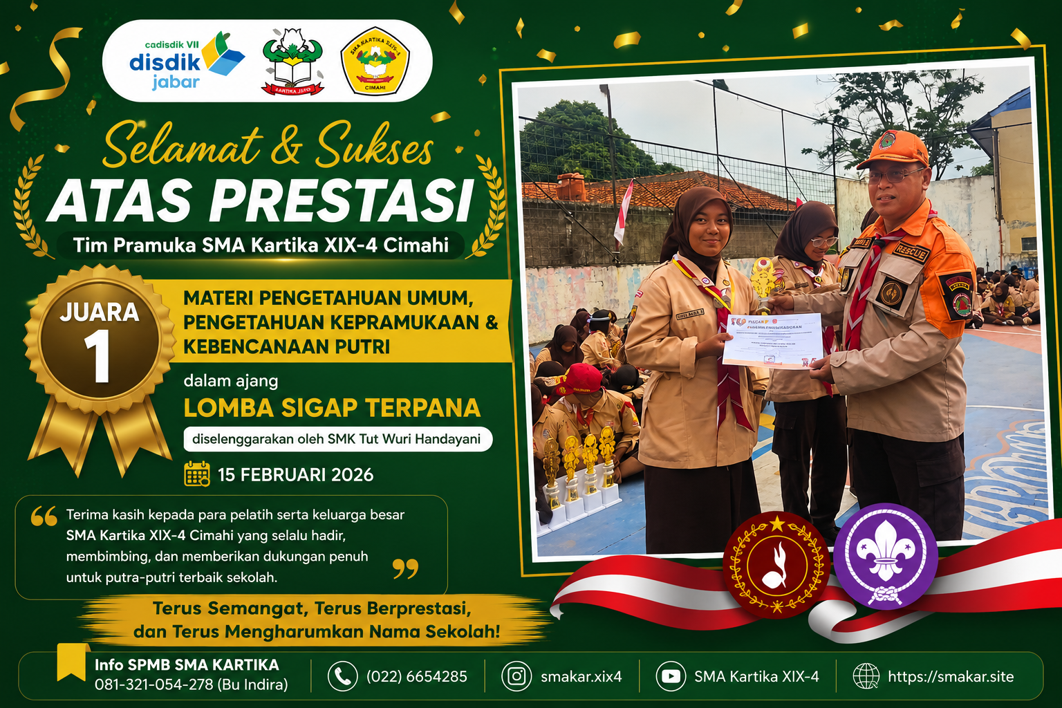 Tim Pramuka SMA Kartika XIX-4 Cimahi Raih Juara 1 Kategori Materi Pengetahuan Umum, Kepramukaan, dan Kebencanaan Putri