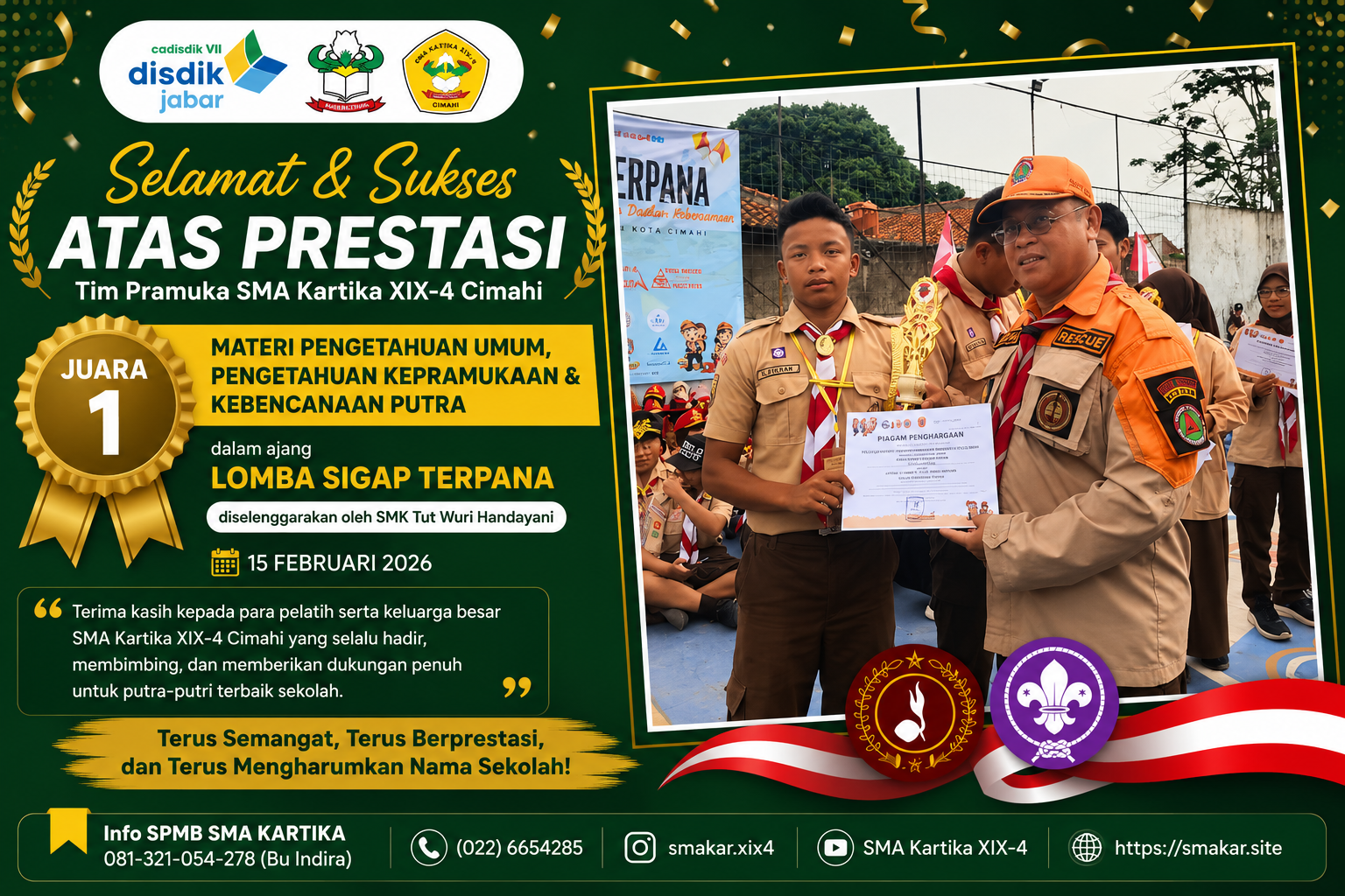 Tim Pramuka Putra SMA Kartika XIX-4 Cimahi Raih Juara 1 Kategori Materi Pengetahuan Umum, Kepramukaan, dan Kebencanaan