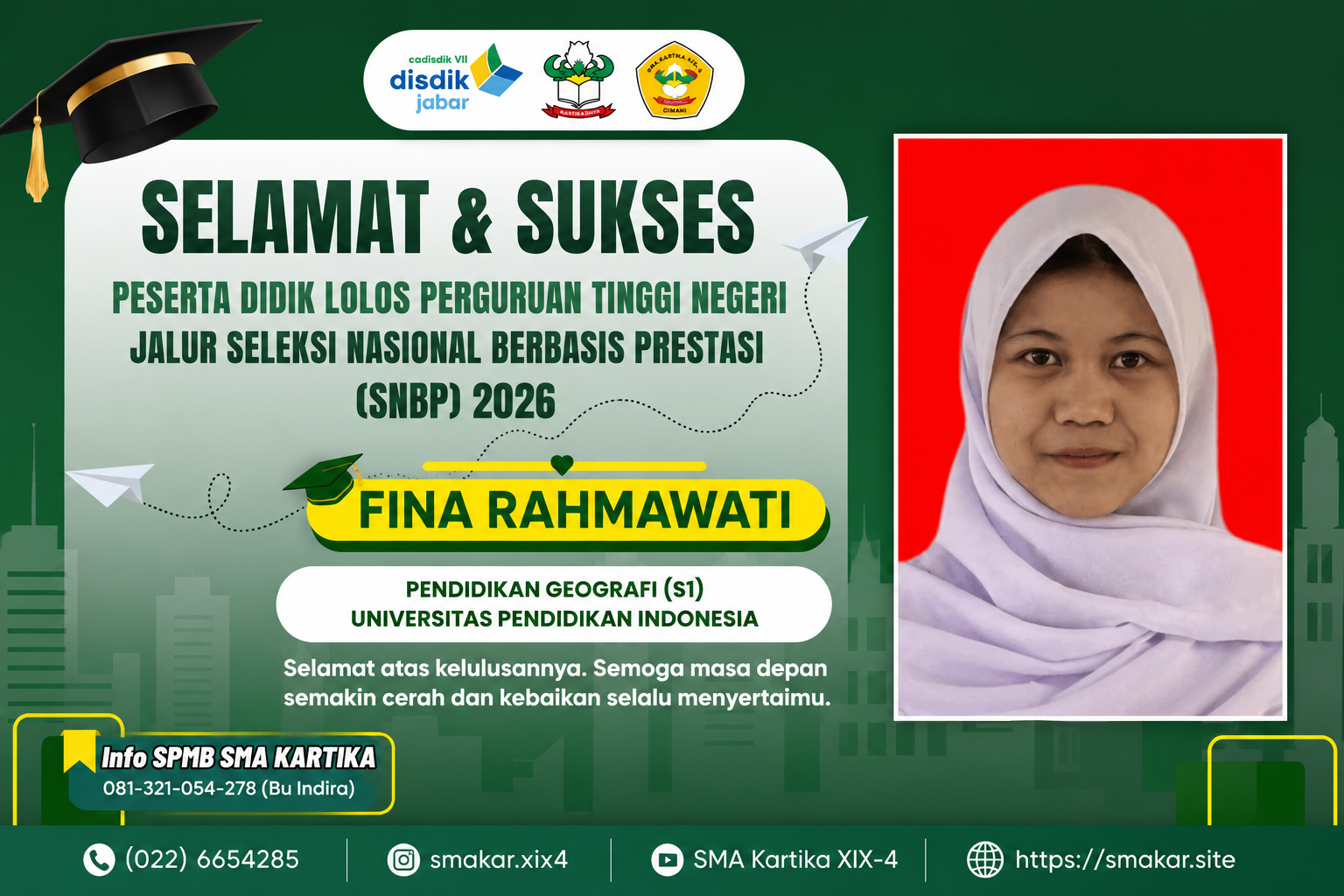 Prestasi Membanggakan! Siswi SMA Kartika XIX-4 Cimahi Lolos SNBP 2026 di Universitas Pendidikan Indonesia