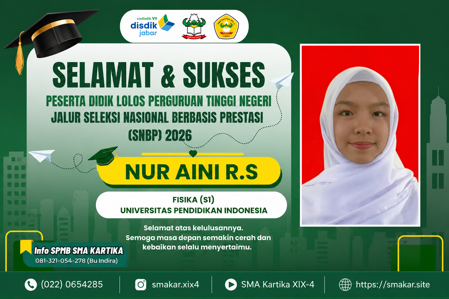 Prestasi Gemilang! Siswi SMA Kartika XIX-4 Cimahi Lolos SNBP 2026 di Program Studi Fisika UPI